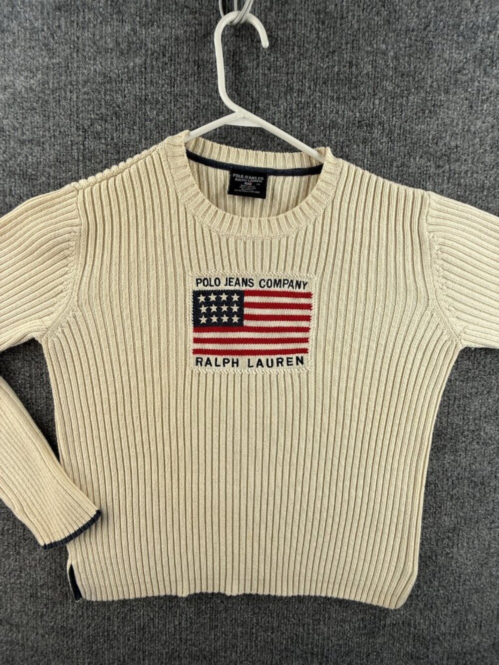 Ralph Lauren Ribbed Stretch USA Flag Polo Jeans Company XL Logo Ivory All Cotton